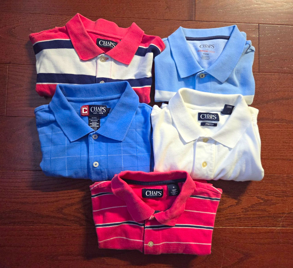 Chaps Men's Polo Shirts Lot of 5 Size M Cotton Pique Striped Stretch Multi